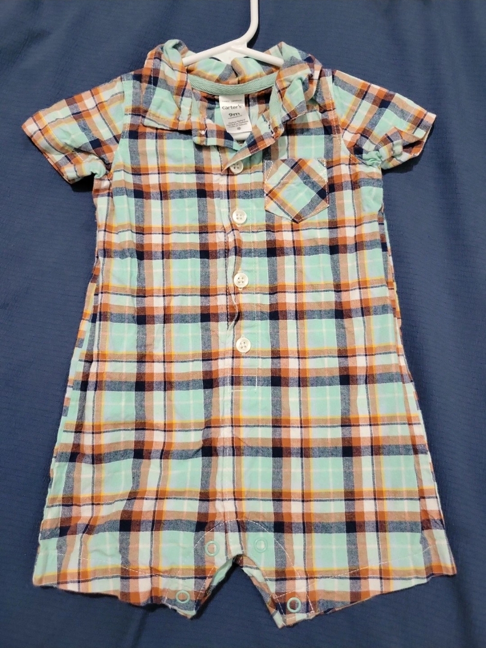 Carter's Mint, Orange & Navy Plaid Short-Sleeve Pajama Romper